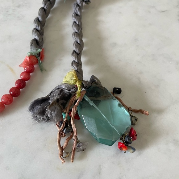 Boho Silk Necklace w/ Semi-Precious Stones & Glass Beads – Tribal Artisan - Picture 3 of 7